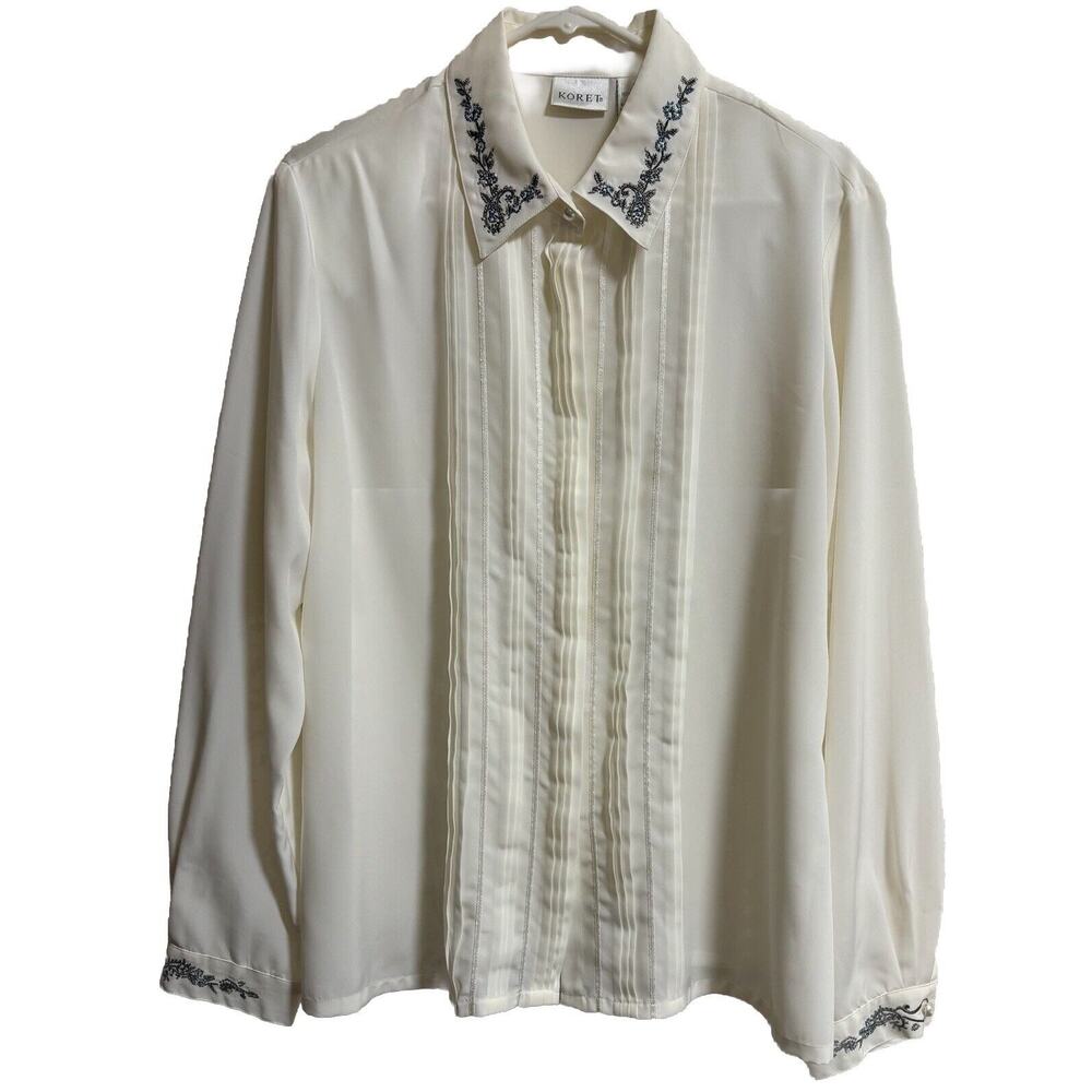 Vintage Button Up Blouse Embroidered Floral Faux Pearls Cottage Formal Size 14